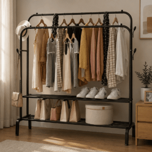 Penderie à Vêtements en Métal – Double Barre avec Étagère pour Chaussures et Sacs